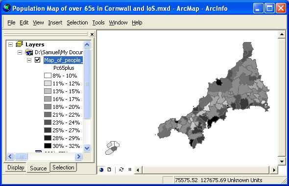 An example map showing the % population of people over 65 in Cornwall and Isles of Scilly