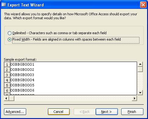 Export fixed width text file in Access