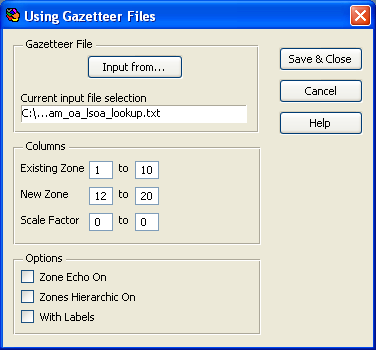 Specify the columns of data for a gazetteer file in SASPAC