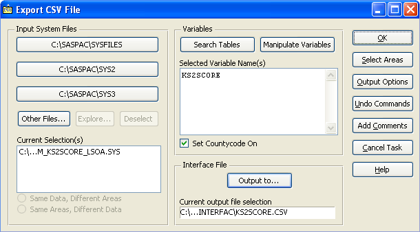 Specify the geography of the input files and the variables to be exported in SASPAC
