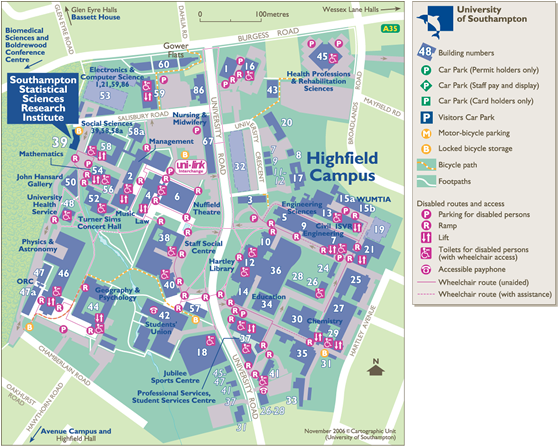 Highfield campus map with Building 39 highlighted in dark blue. Click anywhere on the image to open a larger map in a new window.