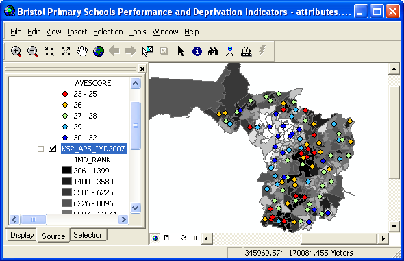 Map showing school's KS2 APS on a deprivation map in the City of Bristol