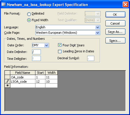Specify the start position and width of the data items in Access for text export