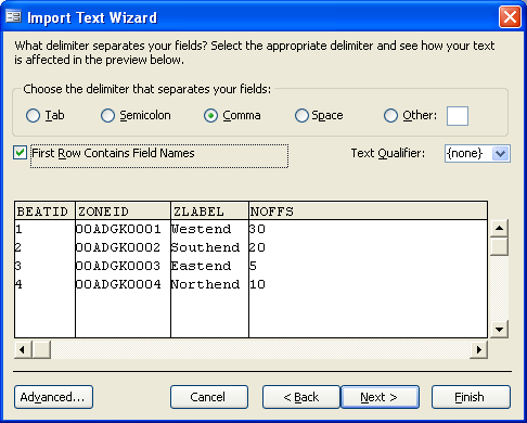 Specify first row as field names in Access.