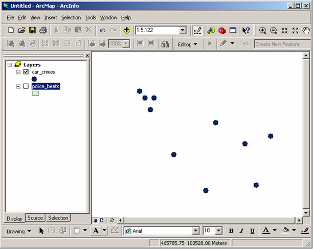 Location of crimes shown as points in a GIS map produced by ArcGIS