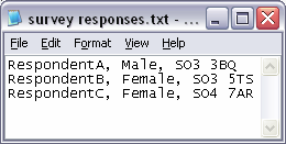 1. RespondentA, Male, SO3 3BQ; 2. RespondentB, Female, SO3 5TS; 3. RespondentC, Female, SO4 7AR; etc.