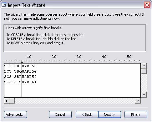 Drag the arrowhead to its correct position after the postcode and before the ward code to insert the data split