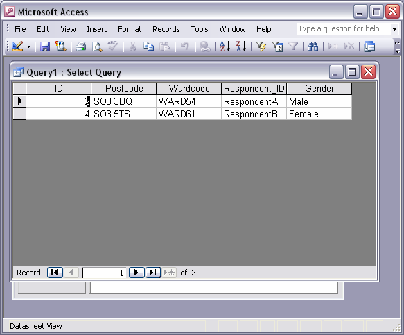 Record 1. RespondentA Male SO3 3BQ WARD54; Record 2: RespondentB Female SO3 5TS WARD61