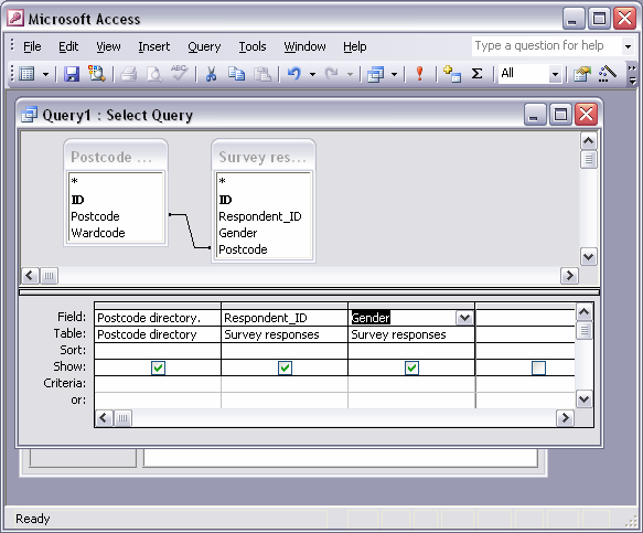 Relate the two tables using the Postcode data column before building a query