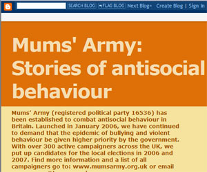 Image of the Mum's army blog - 'stories of antisocial behaviour'