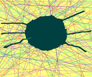 Decorative image (Spider shape on a multi-coloured web background).