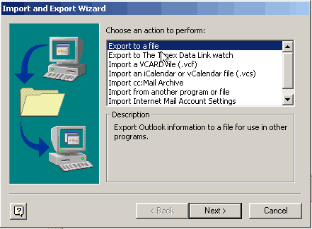 Image of MS Outlook's import/export wizard dialogue box