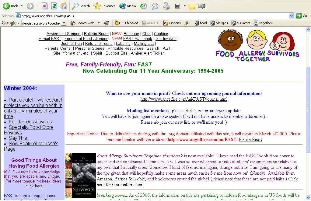 image of 'Food Allergy Survivors Together website (Description below)