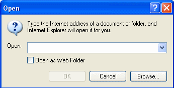 Internet Explorer 'open' diologue box with a text box for the file name and 'Browse', 'Cancel' and 'OK' buttons