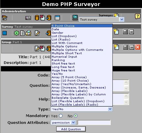 The phpSurveyor interface allowing users to choose a question type