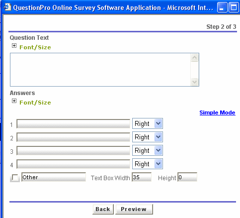The questionPro.com service question editing interface, which allows the user to insert the text for the question and answer choices, and to make decisions over design and layout.