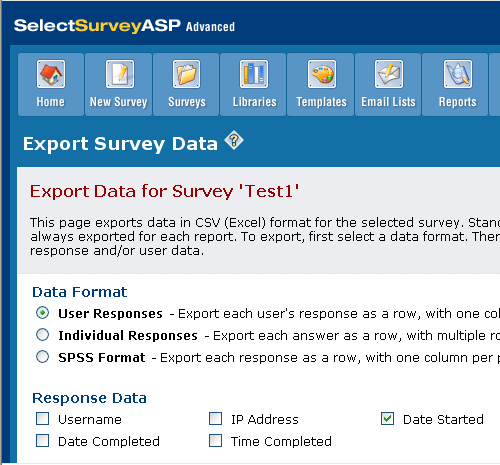 The SelectSurveyASP data export page.