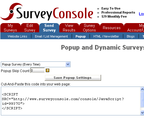 The popup survey facility available at SurveyConsole.com