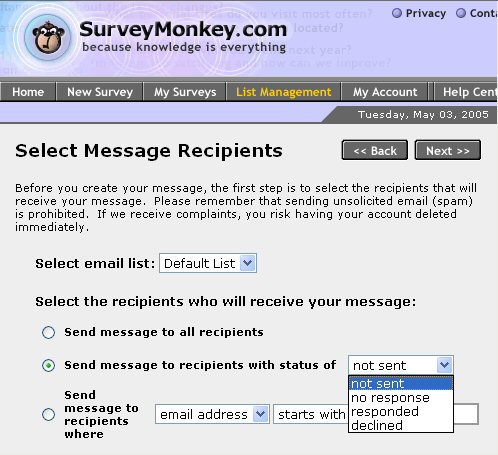 The email management interface of the SurveyMonkey.com service