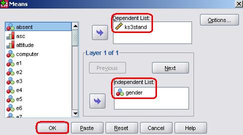 SPSS Simple Means Window