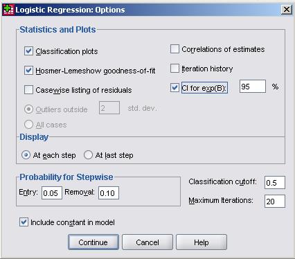 Logistic Regression Options Menu